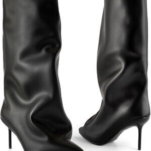Women Slouchy Knee High Boots Waterproof PU Leather Pointed Toe Stiletto